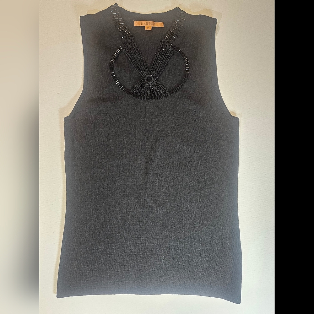 Belldini Top Womens Medium Black Sleeveless Beaded Neck Whimsy Fairy Goth Blouse